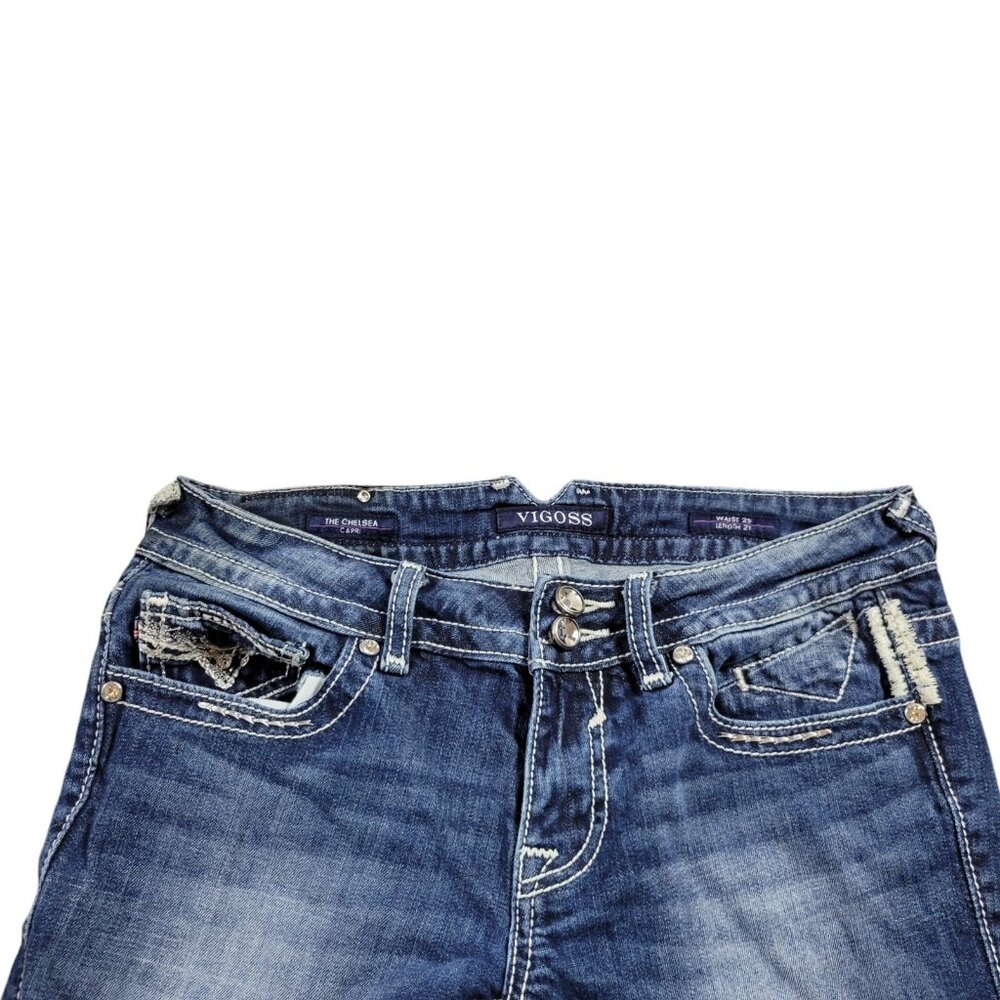 Vigoss Jeans Womens 29 Chelsea Capri Dark Wash Embellished Denim Embroidered - Picture 2 of 8